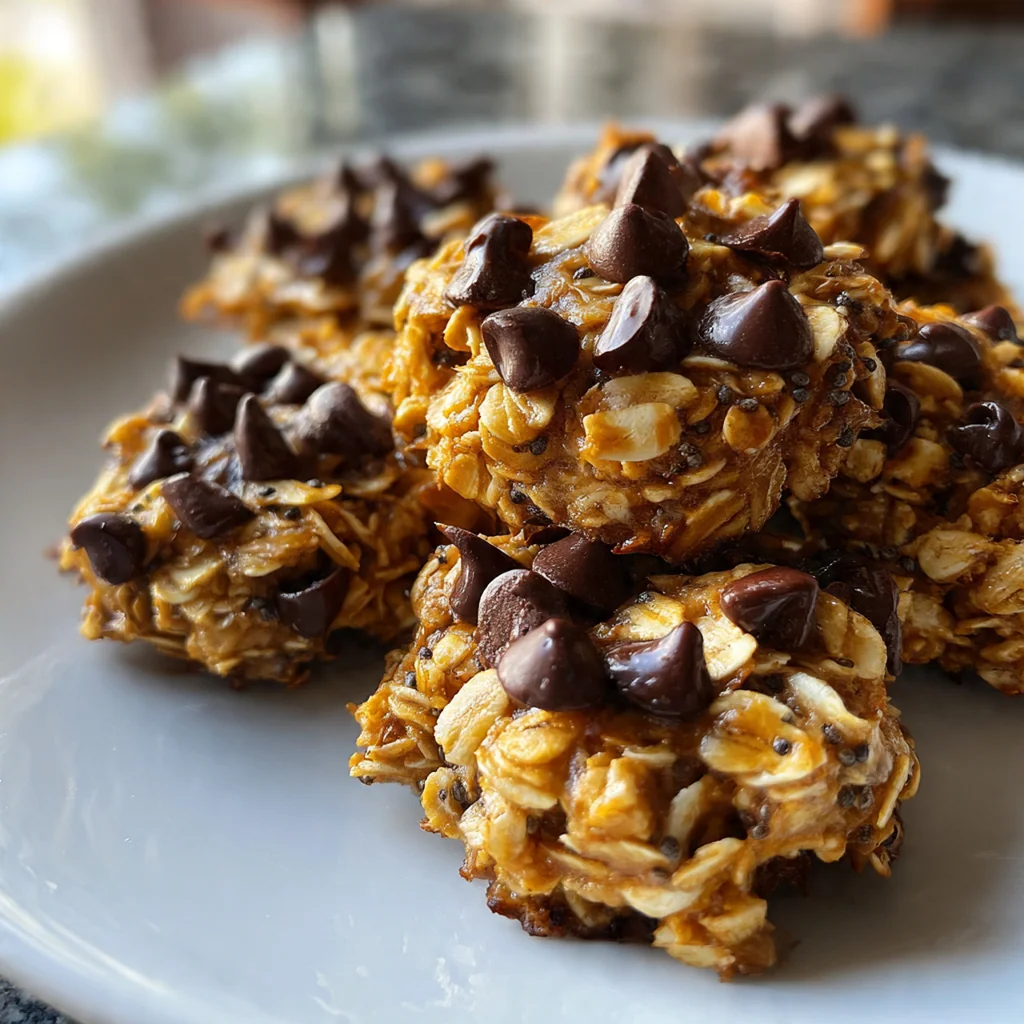 Hand holding a chewy no-bake oatmeal cookie with melted chocolate chips and sprinkled coconut