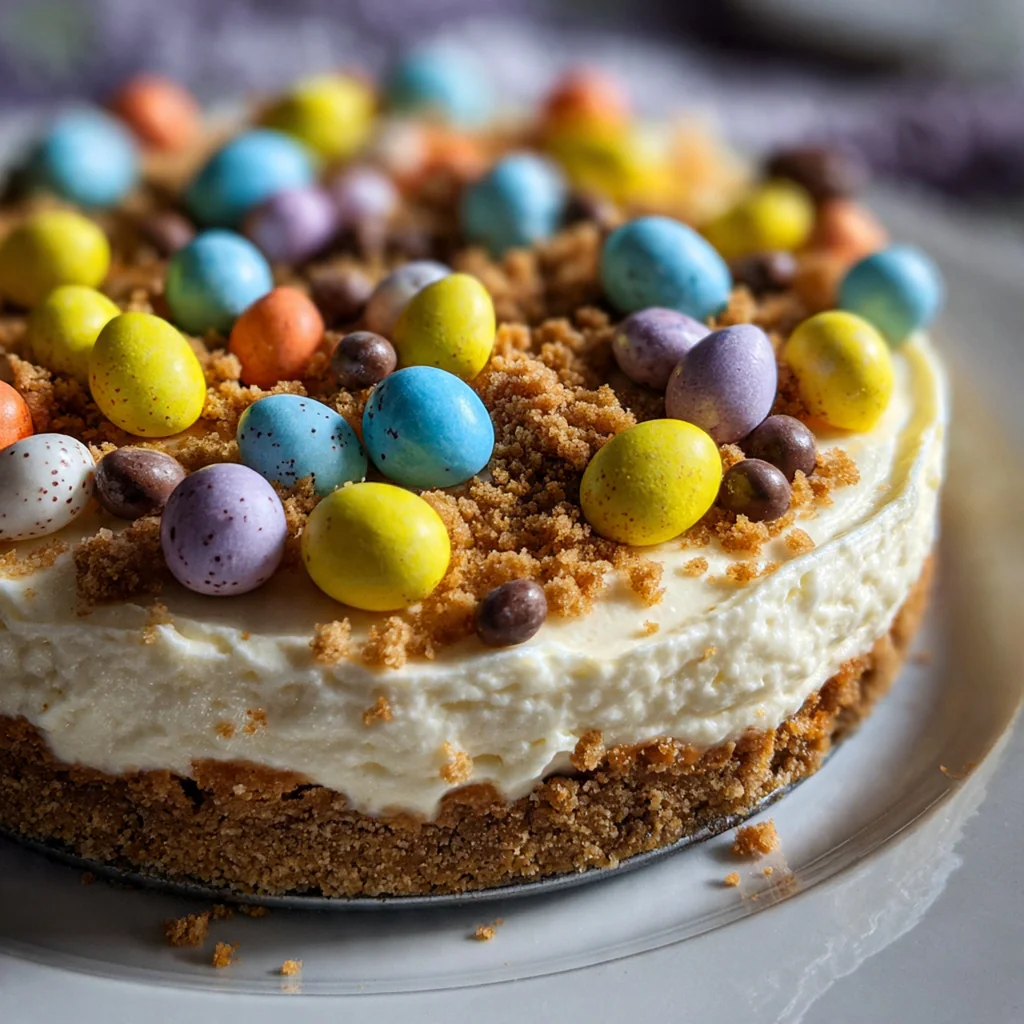 Creamy vanilla cheesecake filling layered over golden biscuit base with colorful candy-coated chocolate eggs