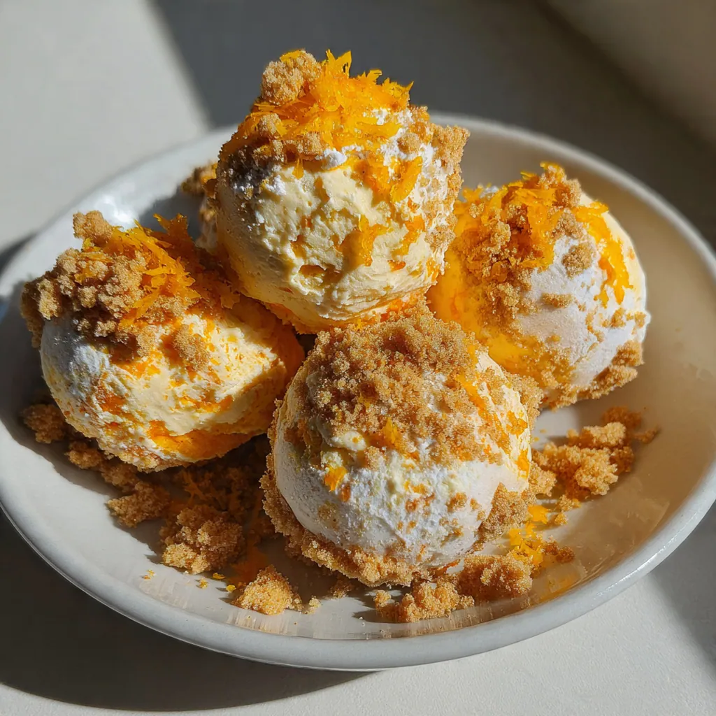 Close-up of a creamsicle truffle with a bite taken out, revealing the creamy orange filling.