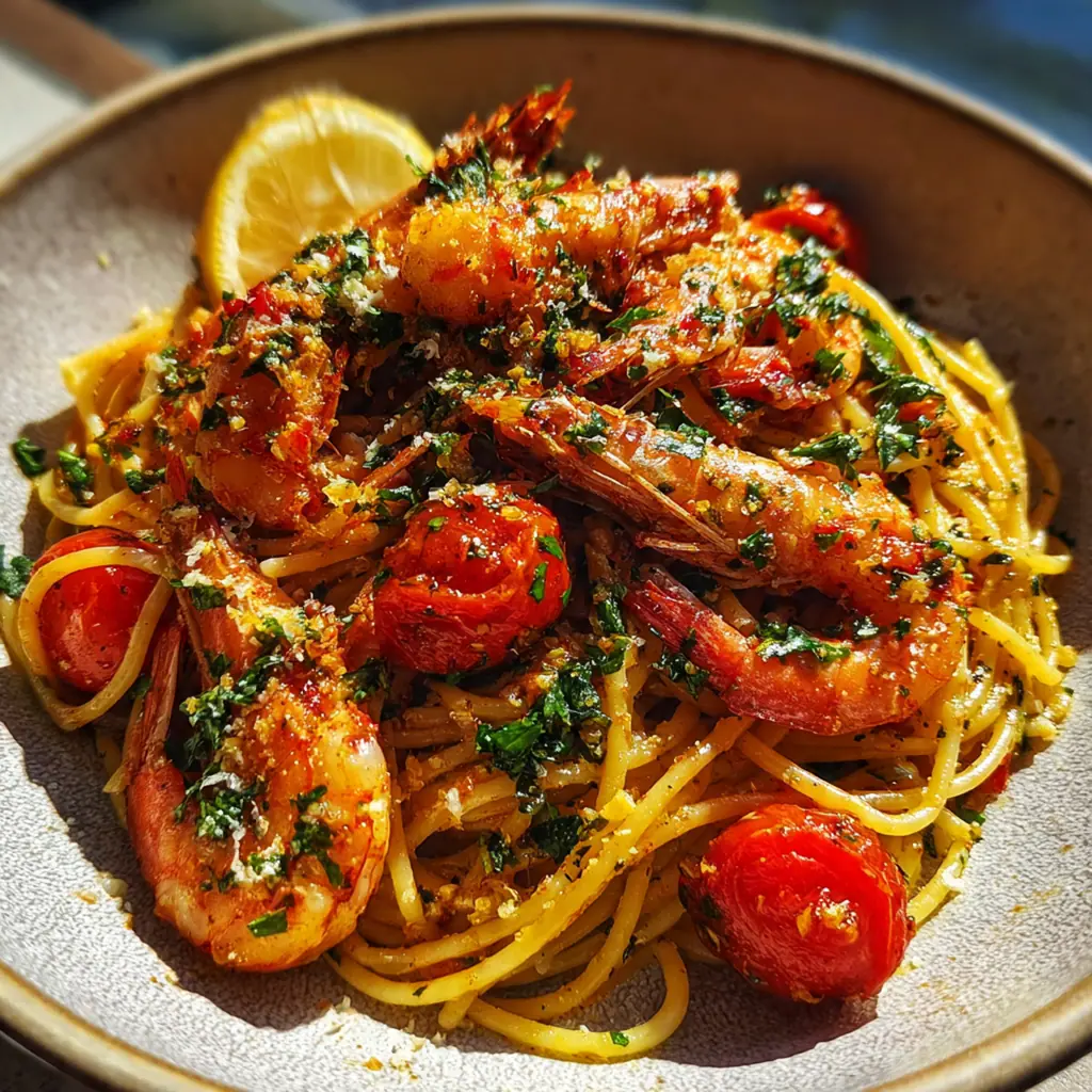 A rustic table setting with a bowl of prawn and harissa spaghetti, a glass of white wine, and a lemon wedge