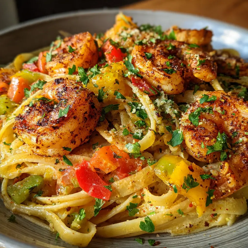 Raw shrimp tossed in Cajun seasoning next to fresh bell peppers and garlic, ready for cooking