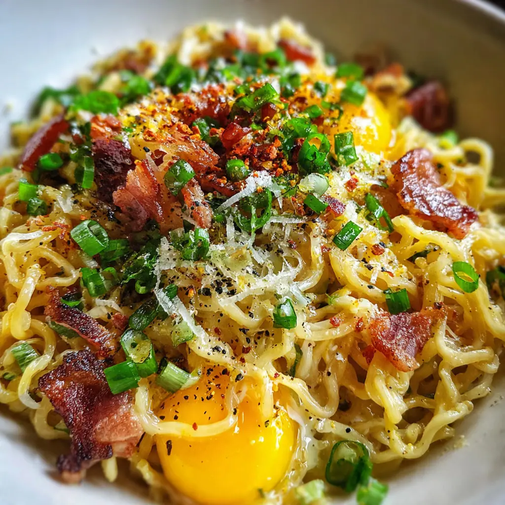 Overhead shot of the finished dish garnished with green onions and nori strips