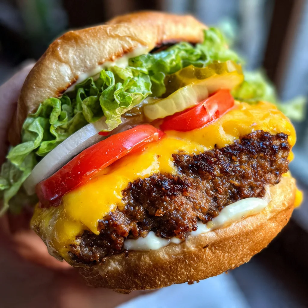 A plated cheeseburger lava cake melt served with pickles, lettuce, tomatoes, and french fries