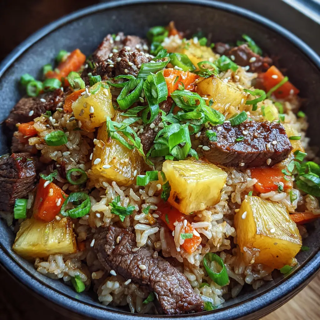 Close-up of tender slices of flank steak coated in sticky teriyaki sauce alongside juicy pineapple chunks