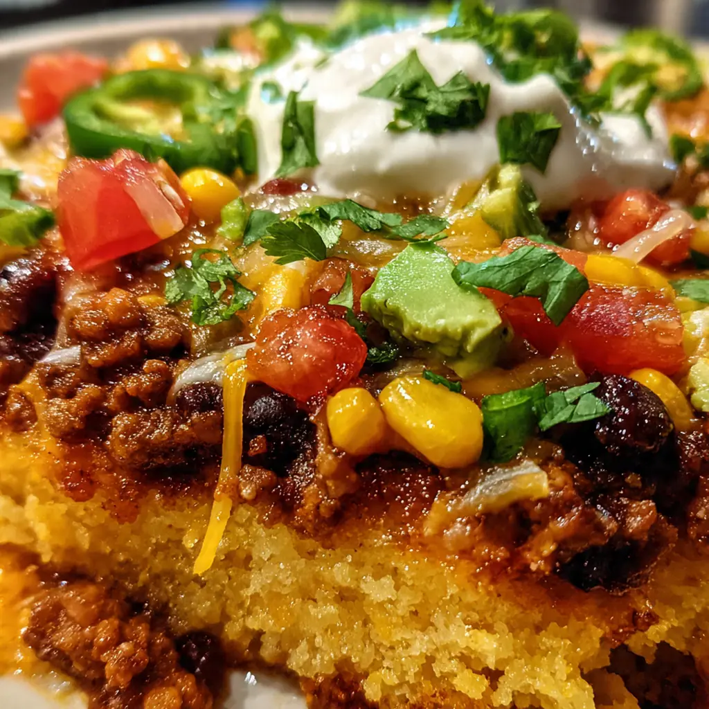 Close-up of a served square showing the layered savory beef filling and fluffy cornbread topping