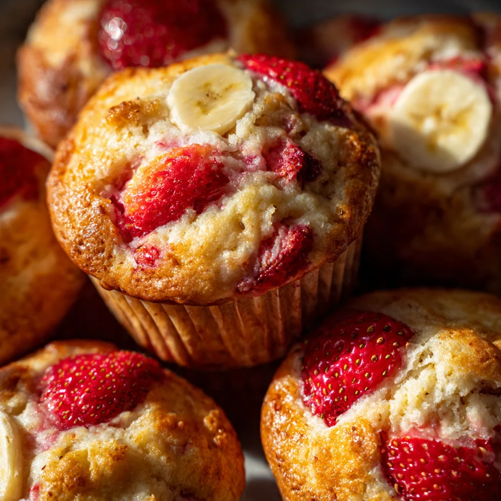 Close-up shot of a moist muffin split open showing tender crumb with chunks of strawberry throughout