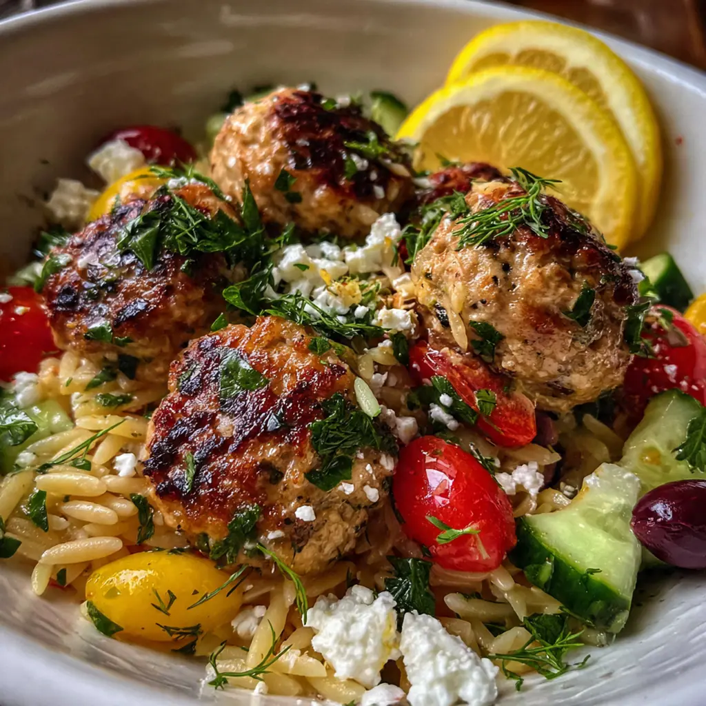 Close-up view of tender Greek chicken meatballs resting on a bed of orzo with fresh herbs and crumbled feta