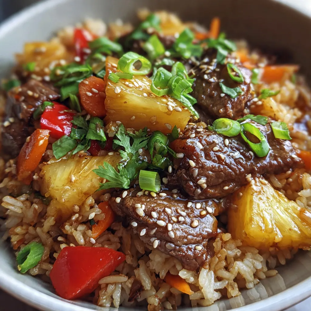 A heaping bowl of teriyaki beef stir-fry with fluffy white rice, red bell peppers, and toasted sesame seeds