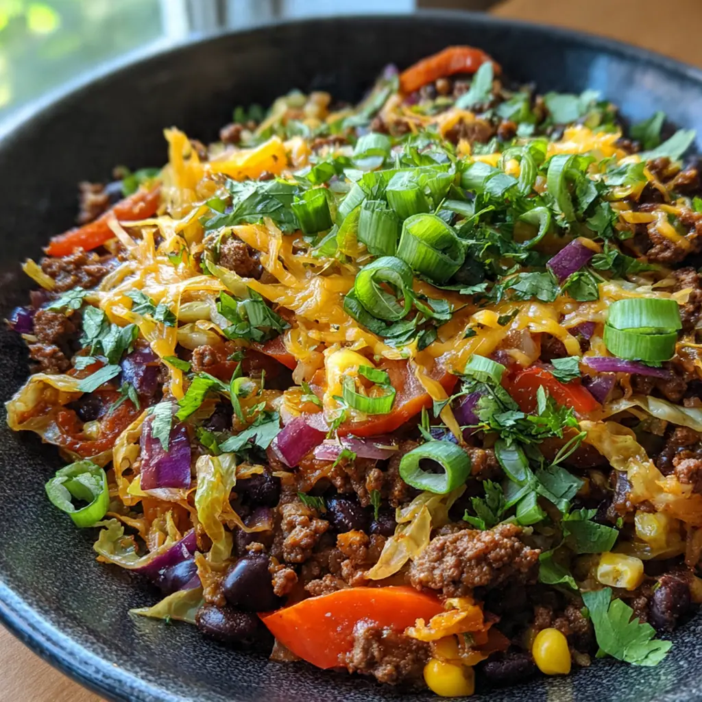 The finished Tex Mex Cabbage Skillet served in a bowl with lime wedges and tortilla chips on the side