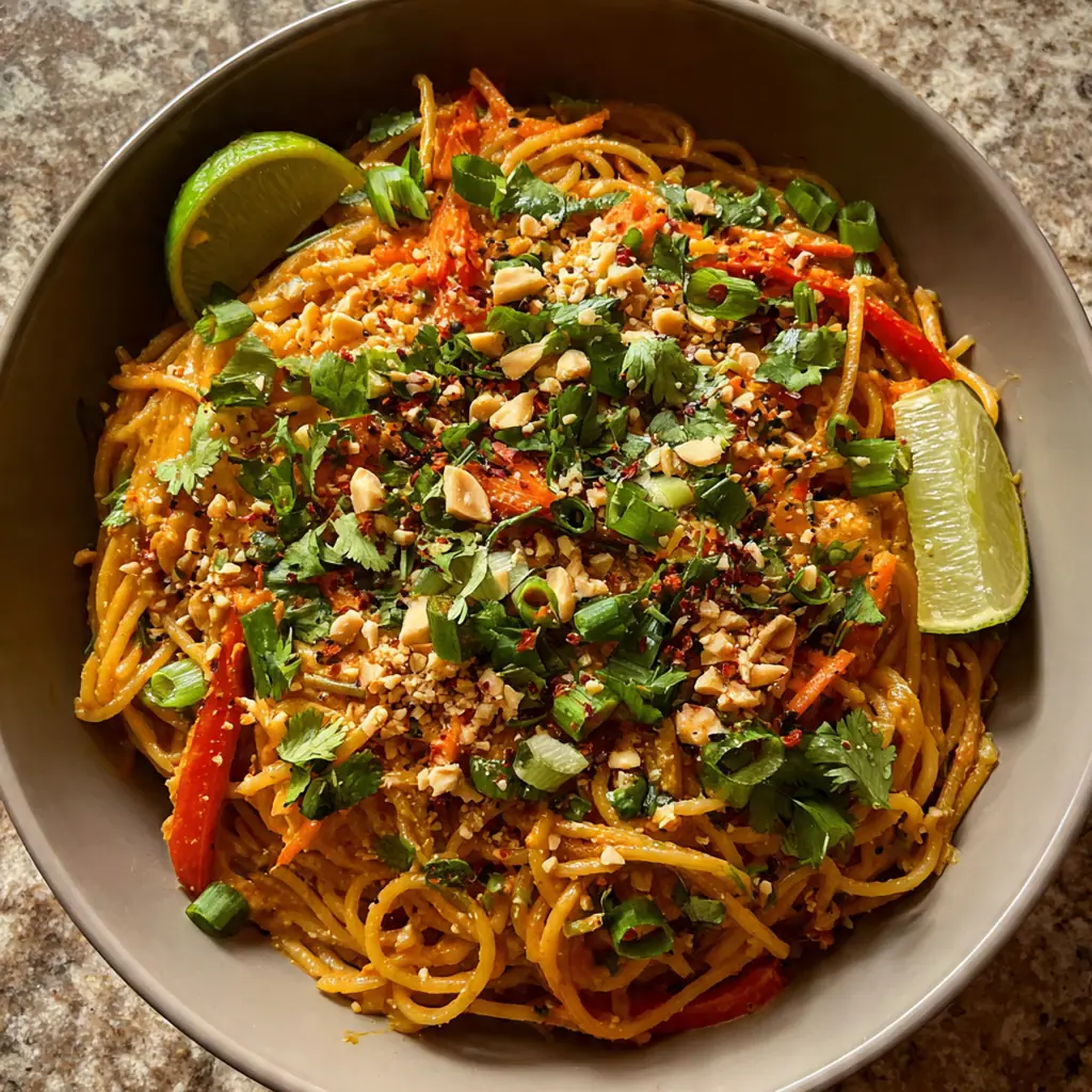 Close-up of creamy peanut sauce being drizzled over a tangled heap of rice noodles