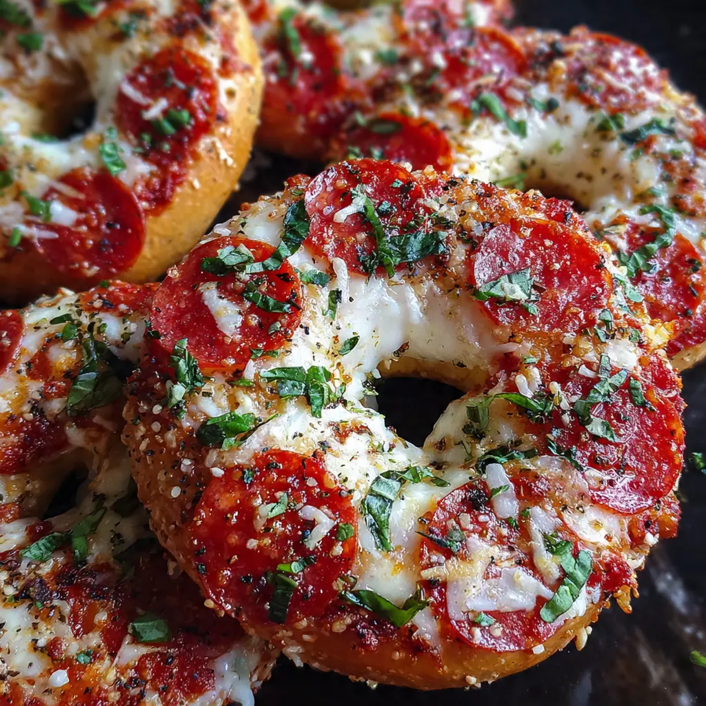 A platter of colorful air fryer pizza bagels with peppers, onions, and olives ready to serve