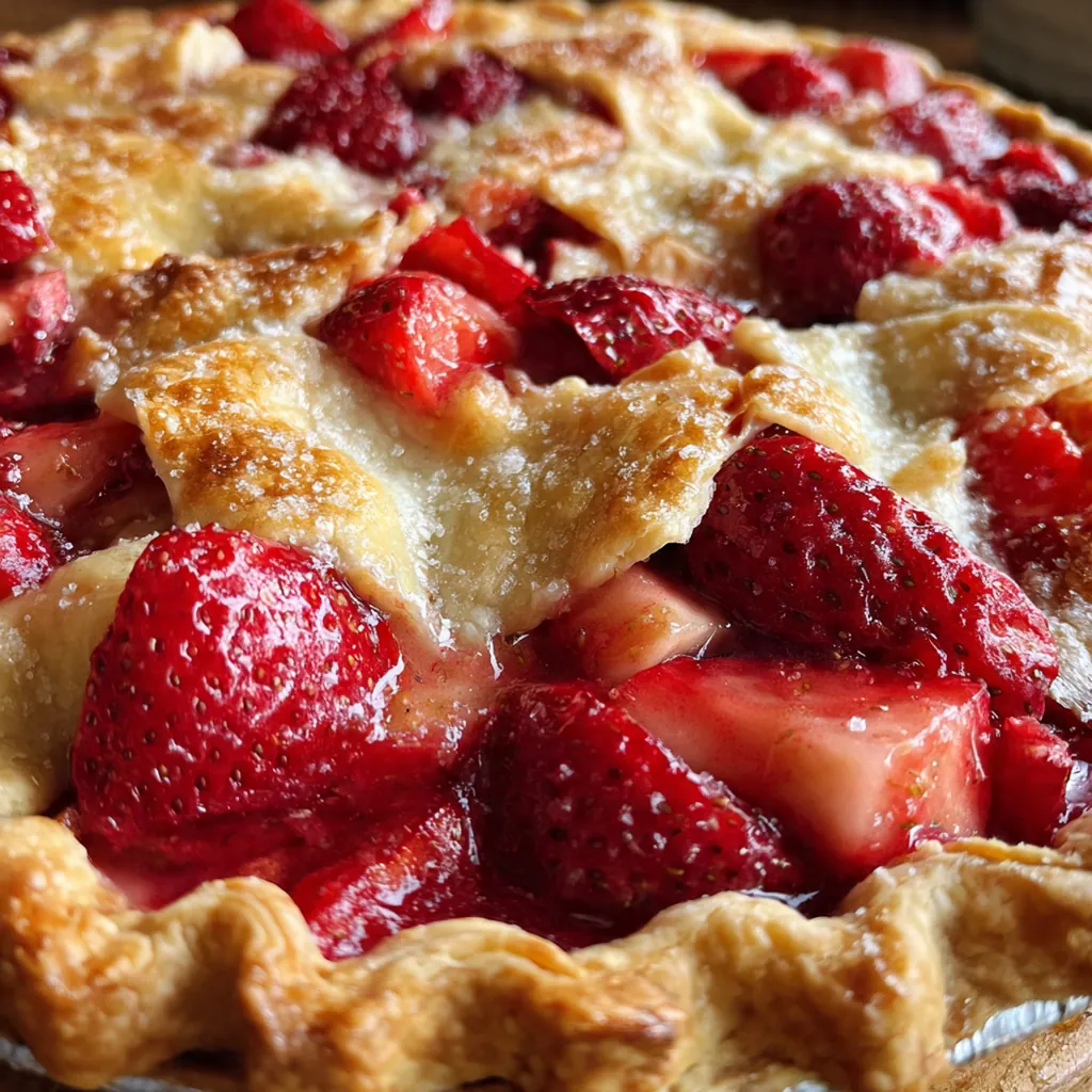 Close-up slice of strawberry rhubarb pie showing the flaky crust layers and the sweet-tart fruit filling