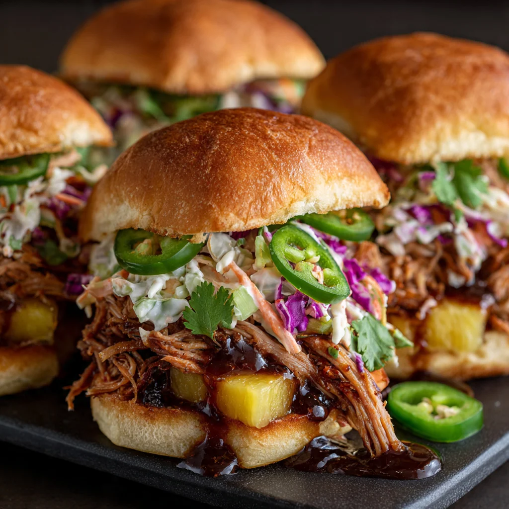 Overhead view of the cooking process with shredded pork simmering in a glossy pineapple ginger sauce