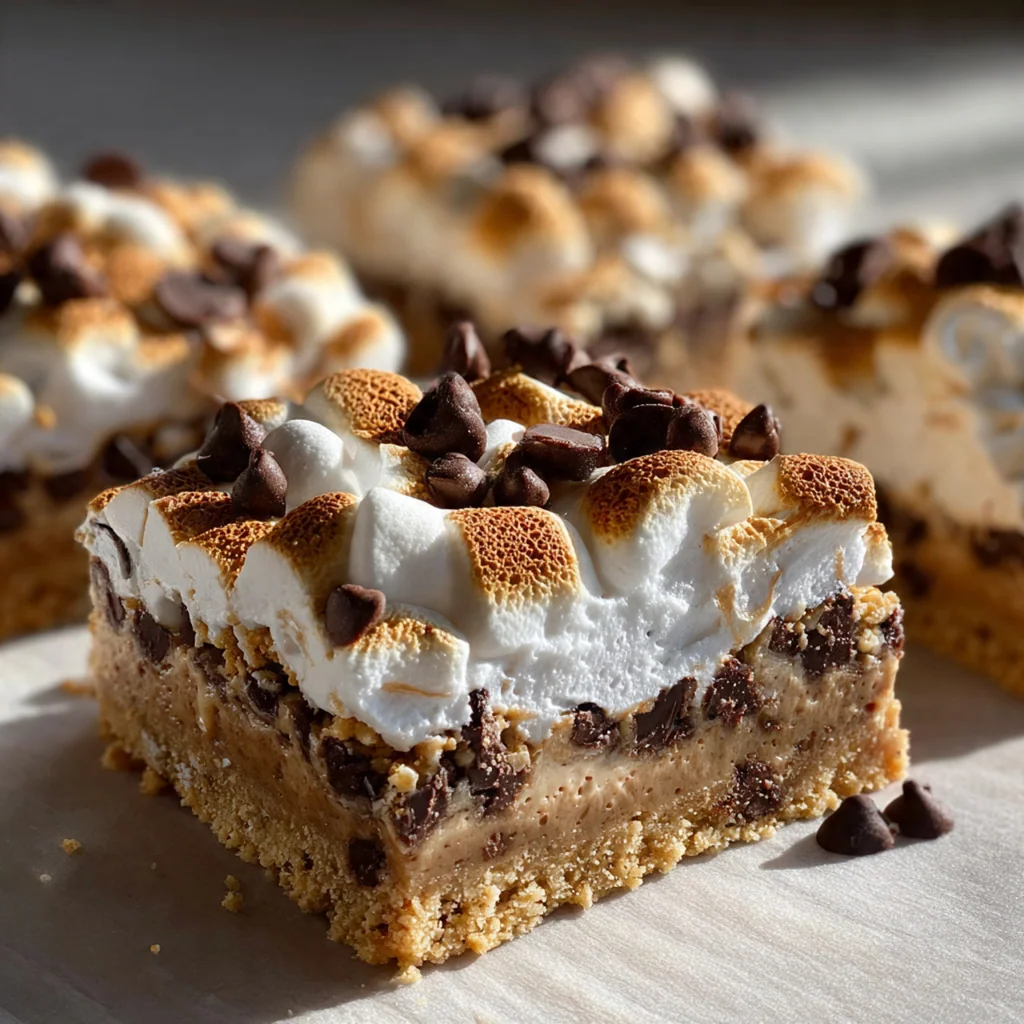 A stack of Fluffernutter Bars on a plate with a glass of milk, ready for serving.