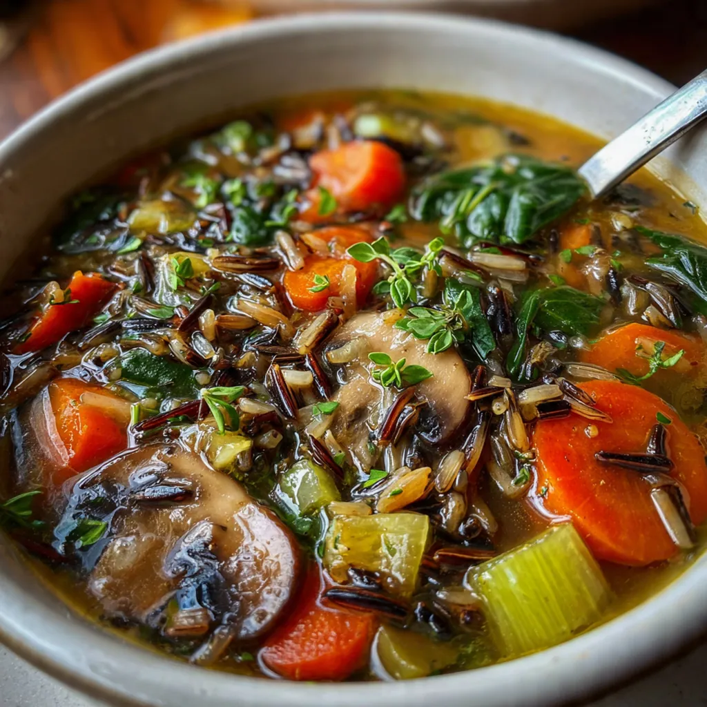 Close-up of velvety wild rice soup topped with crispy bacon bits and fresh parsley.