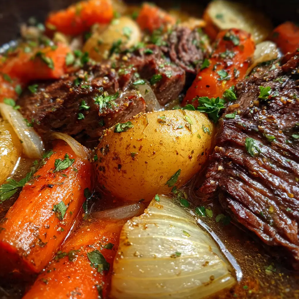 A warm bowl of finished pot roast served over creamy mashed potatoes with a sprig of fresh parsley on top.