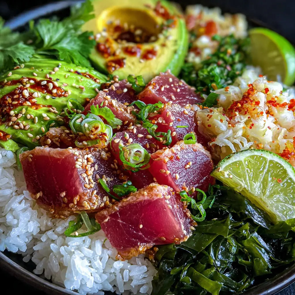 Freshly sliced pieces of seared ahi tuna fanned out next to a small bowl of ginger-soy dipping sauce