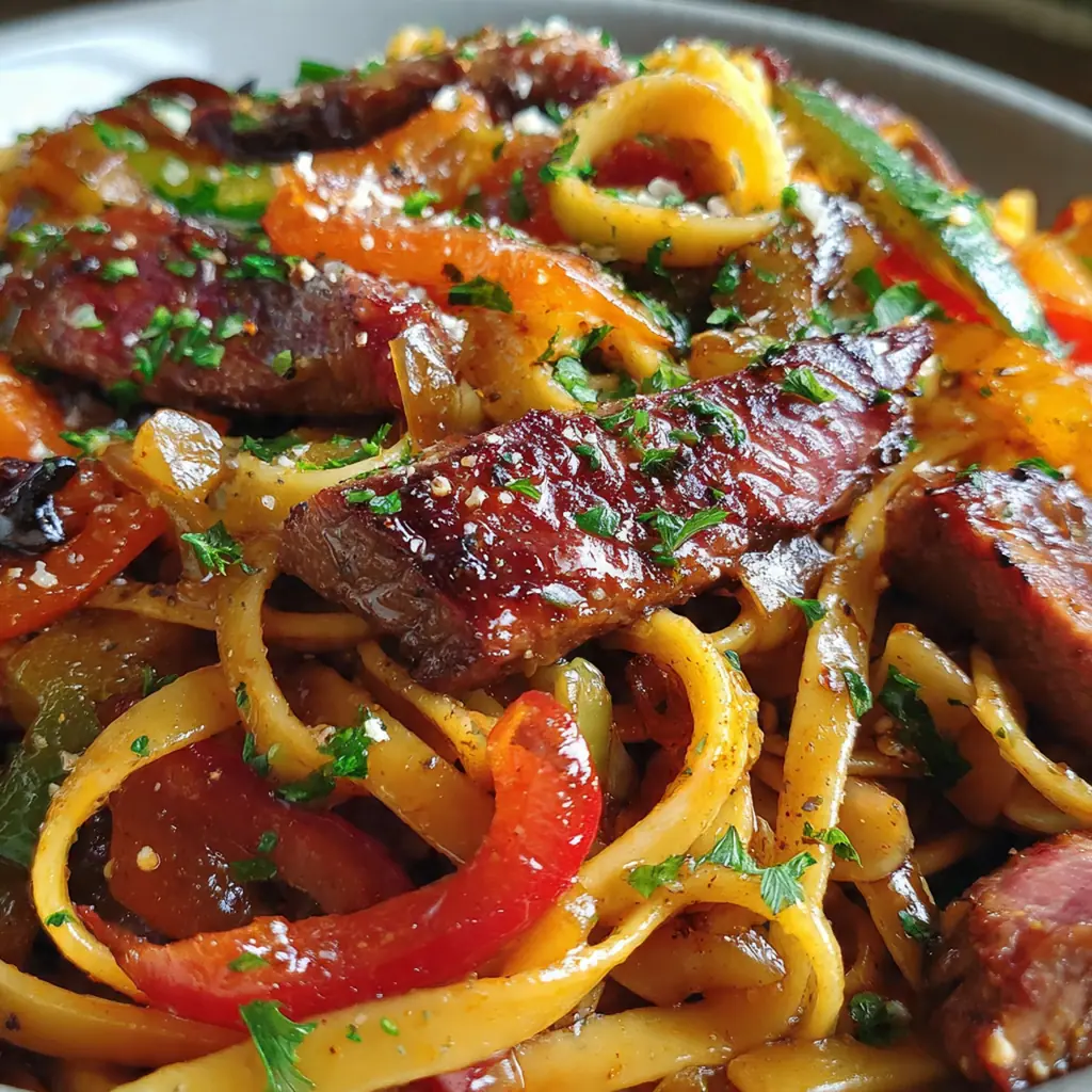 A serving bowl of BBQ steak pasta topped with grated Parmesan and sliced green onions, ready to eat