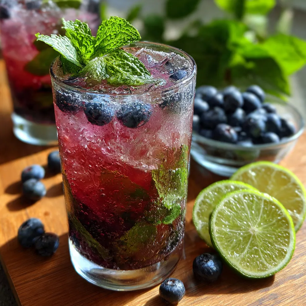Blueberry Mojito Mocktail served over ice in a highball glass with a splash of sparkling water