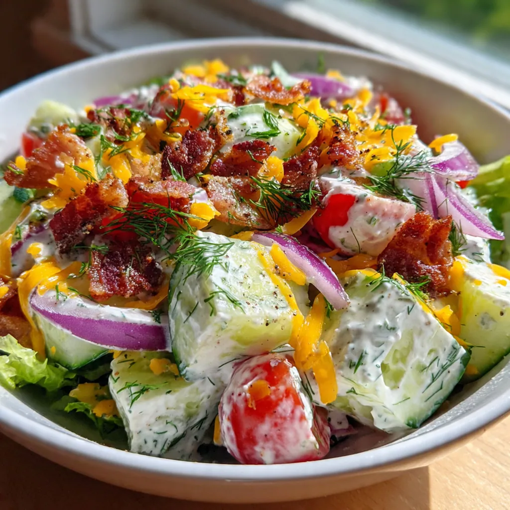 Close-up of fresh cucumber slices and cherry tomatoes tossed in homemade ranch dressing