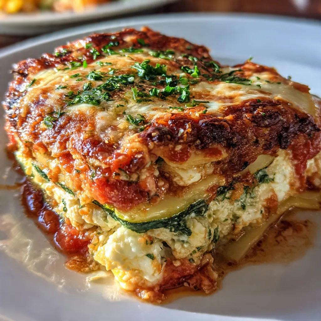 Close-up slice of lasagna showing layers of noodles, ricotta, vegetables, and melted cheese