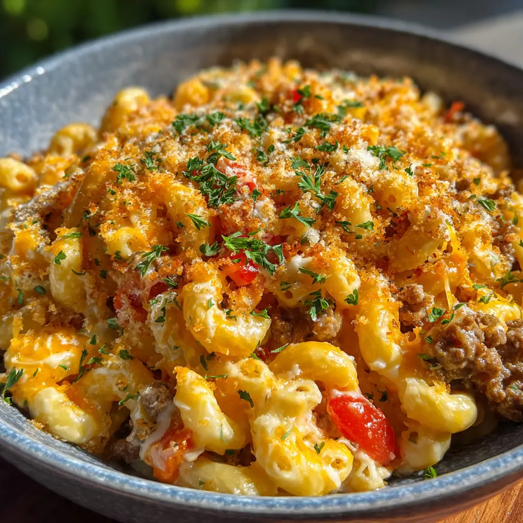 Close-up of a serving of hamburger casserole showing tender pasta, ground beef, and a stretchy cheese pull