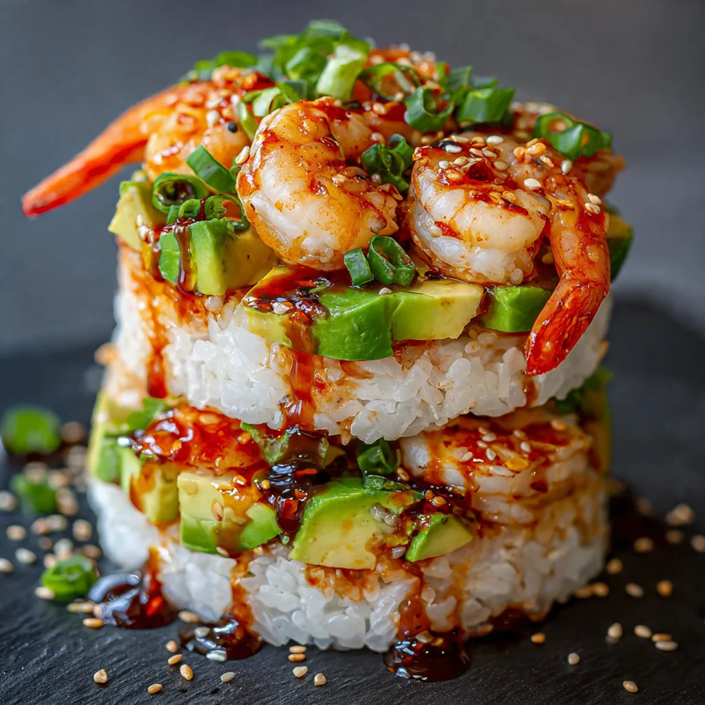 A hand placing the final spicy shrimp topping onto a neatly layered sushi stack