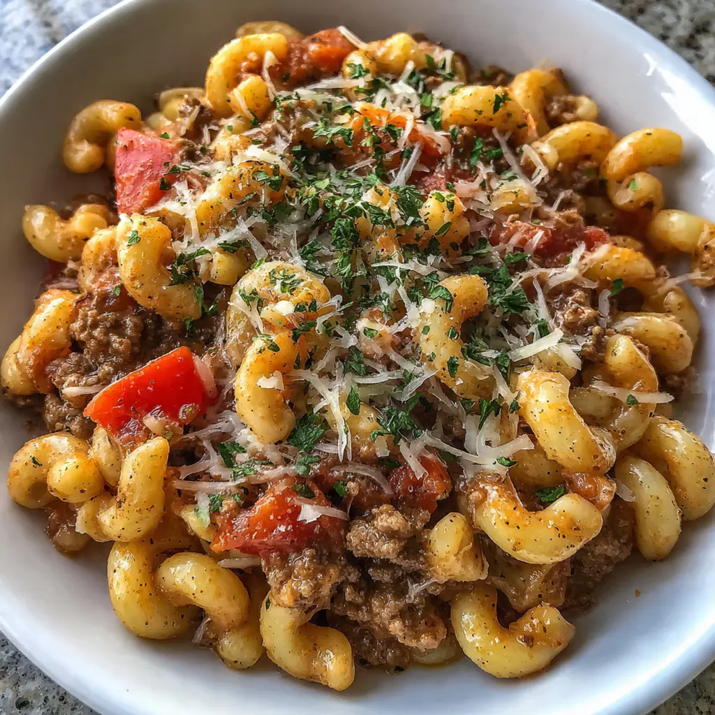 A comforting dinner plate served with a generous portion of hamburger helper and a side of fresh green salad