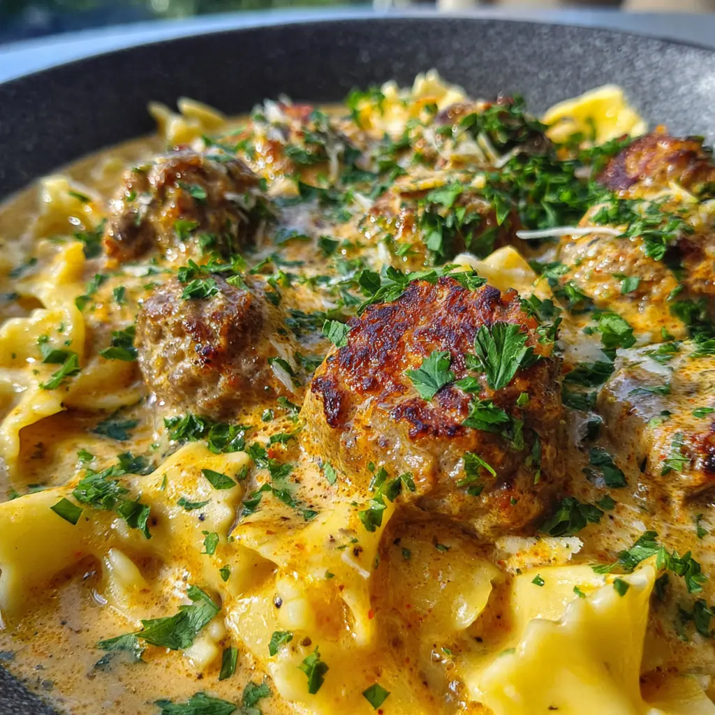 A comforting dinner bowl of meatball stroganoff served over a bed of wide egg noodles