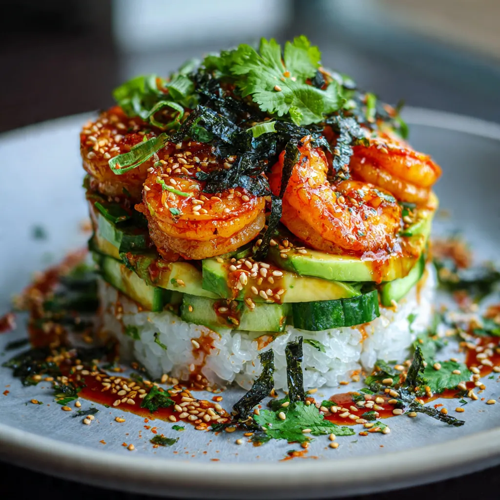 Overhead view of all ingredients for a Spicy California Shrimp Stack arranged beautifully on a wooden counter