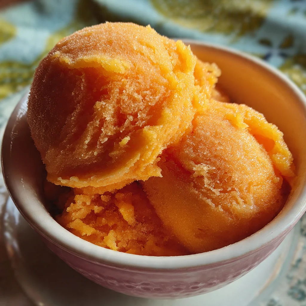 Close-up of vibrant peach sorbet being scooped from a loaf pan