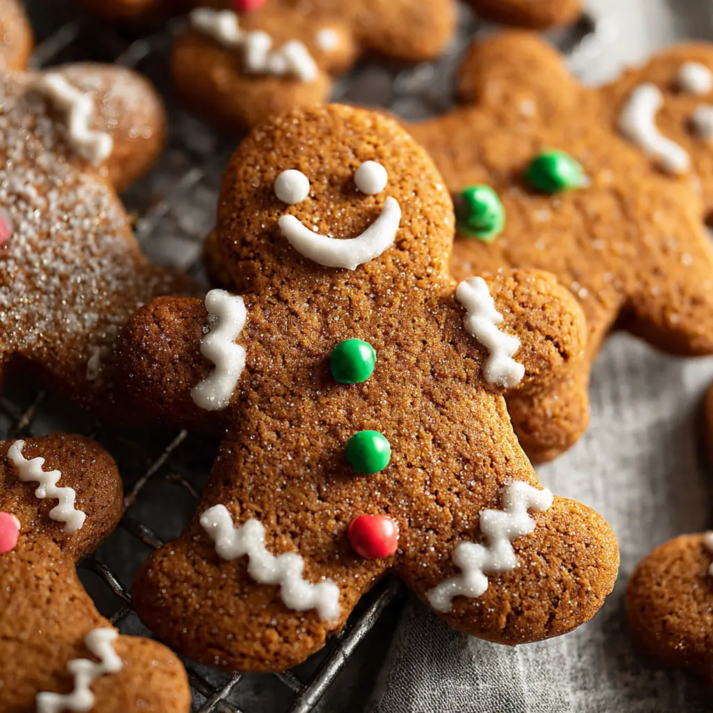 Close-up of a decorated gingerbread man with white icing buttons and red candy eyes on a rustic wooden board