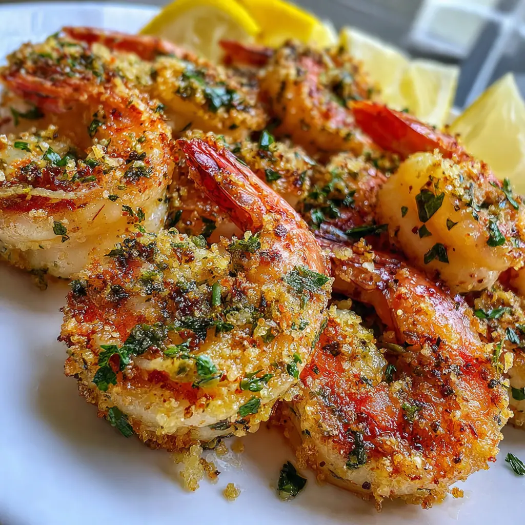 Close-up of a single succulent shrimp coated in garlic butter and crispy Parmesan breadcrumbs