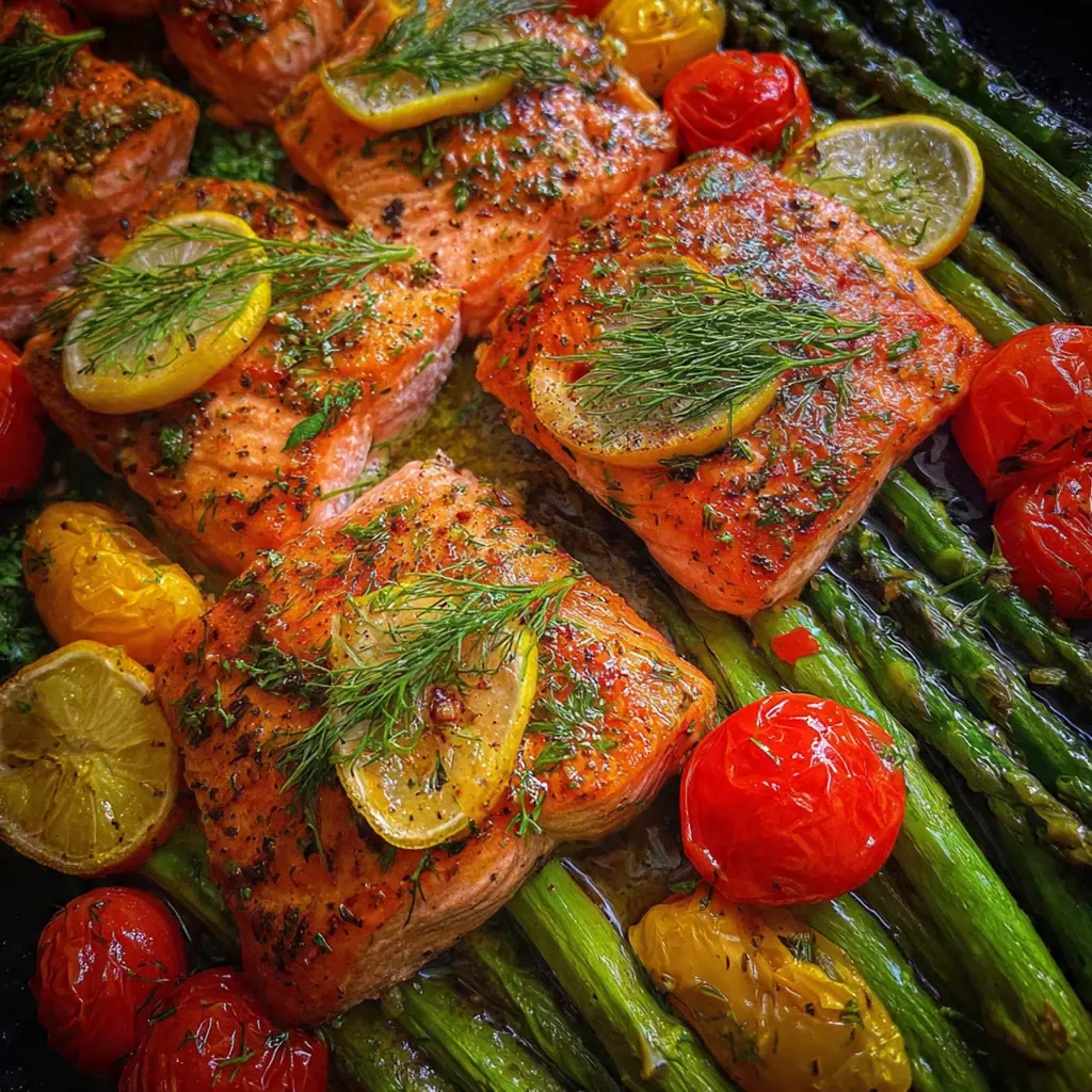 Close-up view of flaky, tender salmon with a glossy lemon-herb glaze and sprinkles of dill