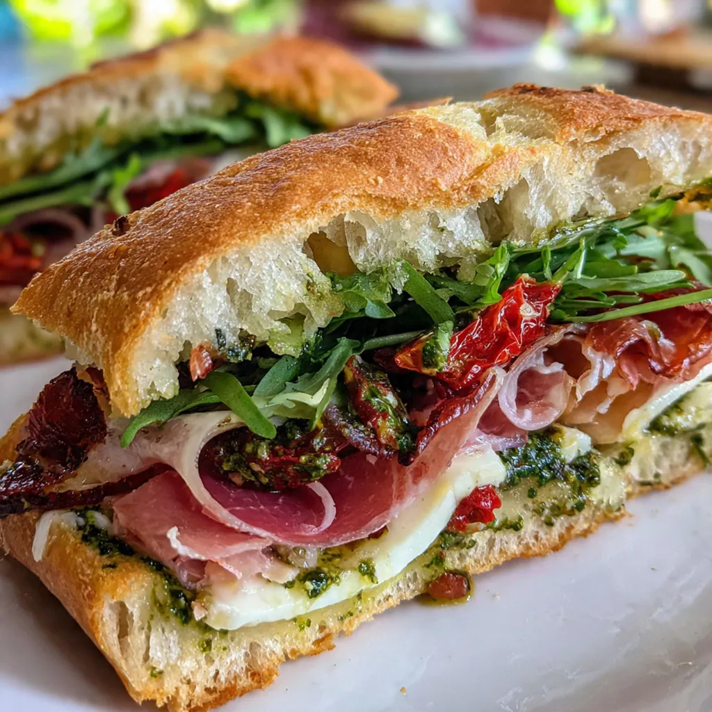 Golden-brown pressed sandwich with crispy sourdough crust sitting next to fresh arugula and balsamic glaze