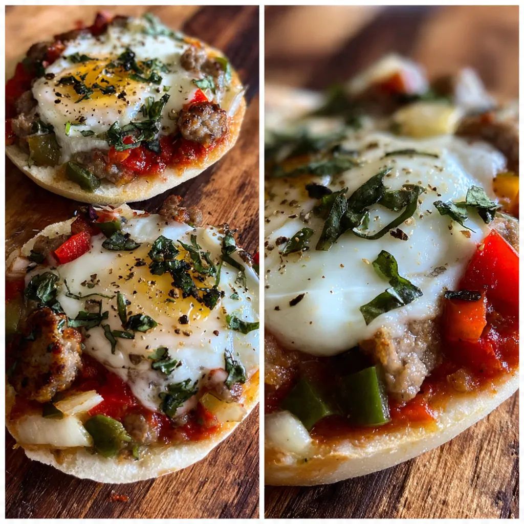 Close-up of a single breakfast pizza with gooey melted cheese and colorful bell peppers
