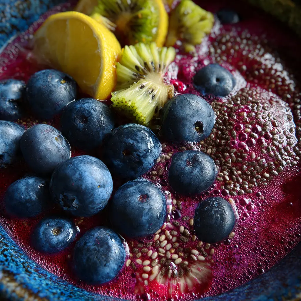 Overhead view of butterfly pea tea, fresh blueberries, pineapple, and coconut water ingredients