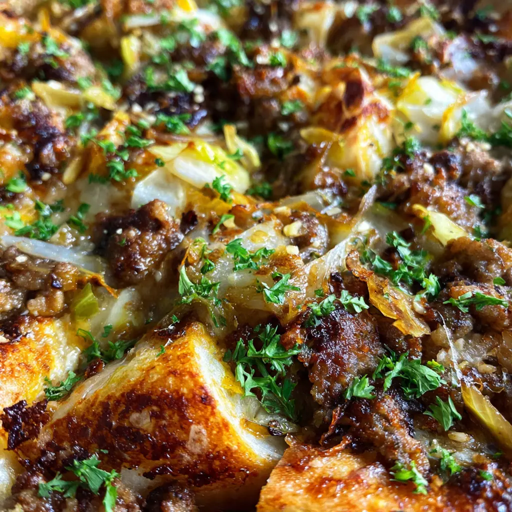 A complete dinner plate with a slice of beef cabbage roll, mashed potatoes, and a side salad