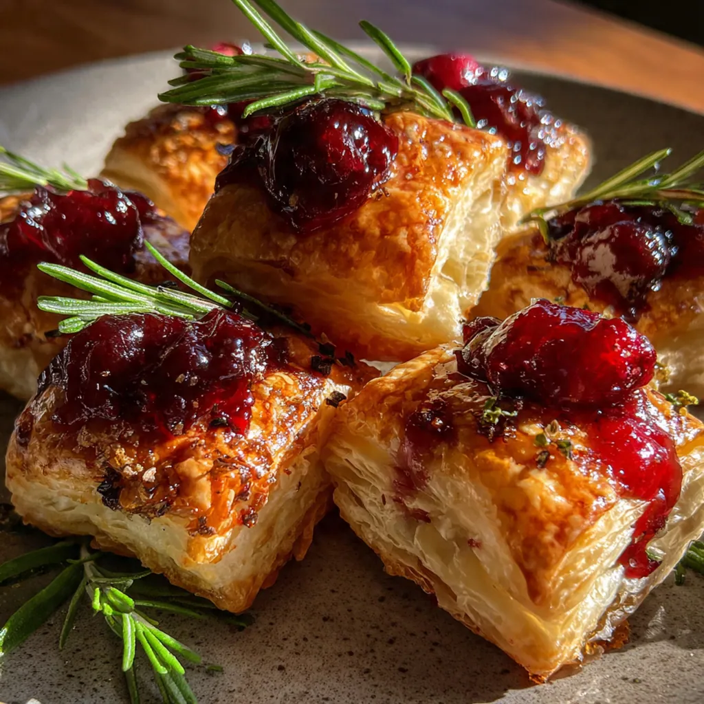Festive holiday appetizer spread featuring Cranberry Brie Bites, fresh grapes, and rosemary garnish