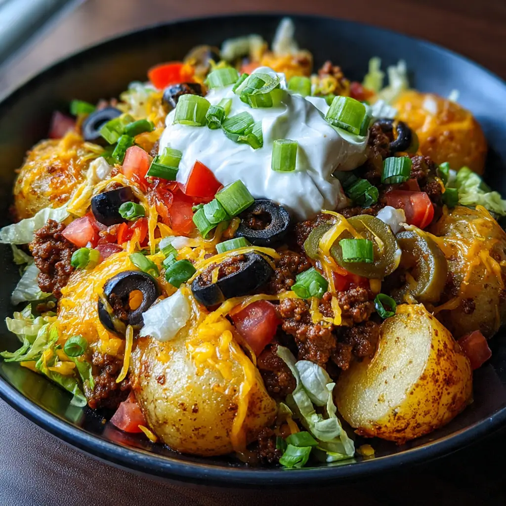 Close-up of a loaded potato with gooey Monterey Jack and cheddar cheese dripping down the sides