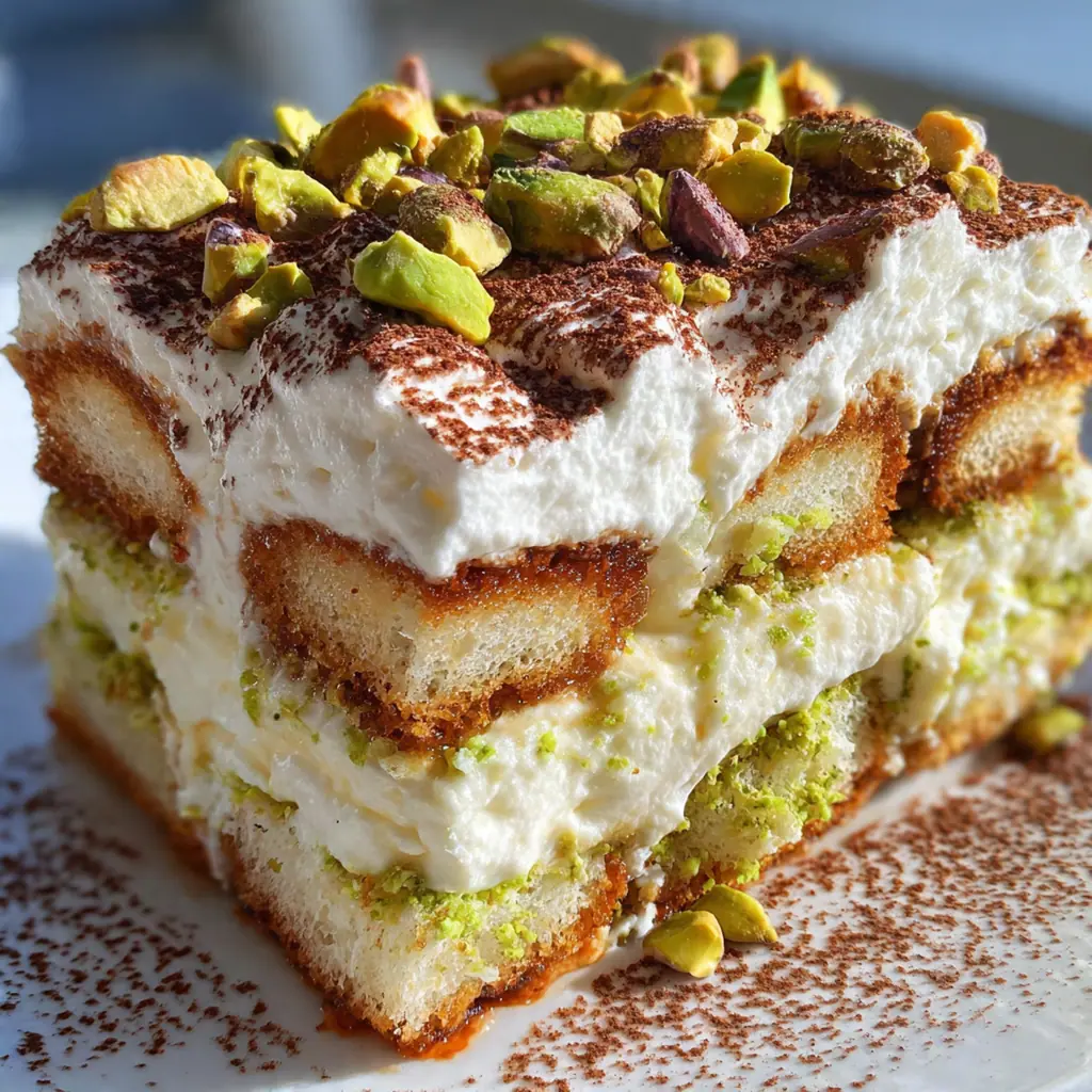 Close-up view of the creamy pistachio mascarpone filling dusted with cocoa powder and chopped nuts