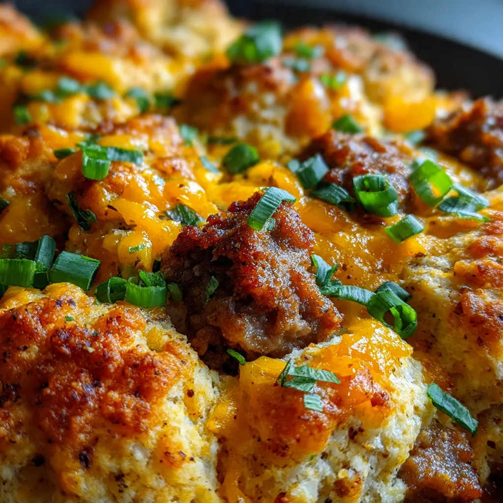 Close-up of a serving showing fluffy biscuits, savory sausage, and melted cheese
