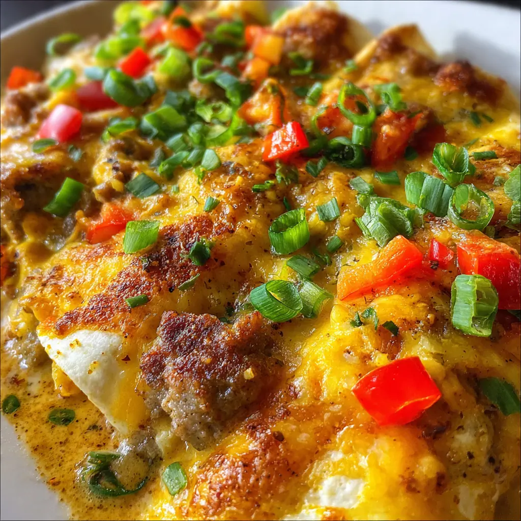 A plated serving of Southern breakfast enchiladas gravy with a garnish of fresh chives and a side of fruit salad