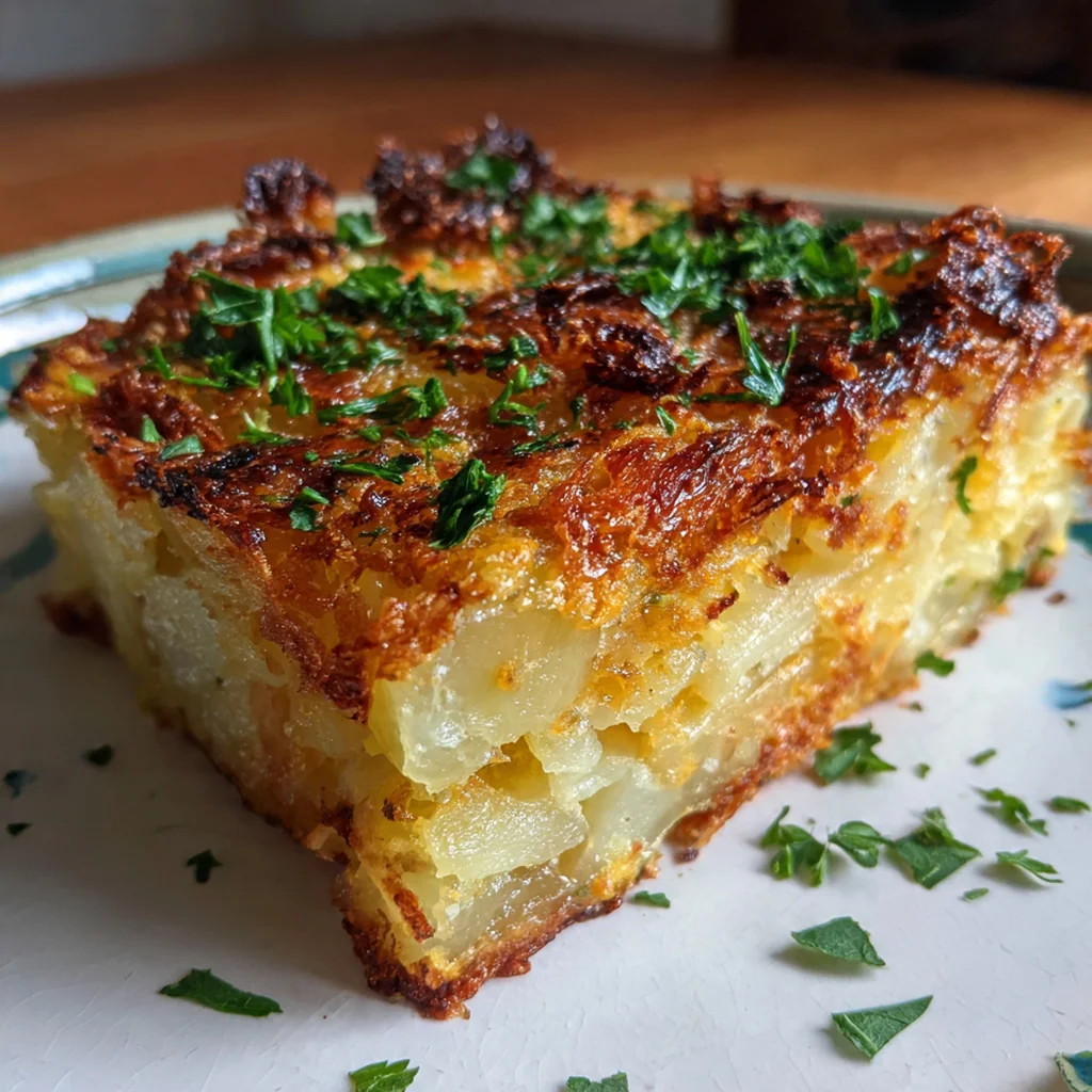Close up shot of a slice of potato kugel showing the tender savory interior and crispy crust