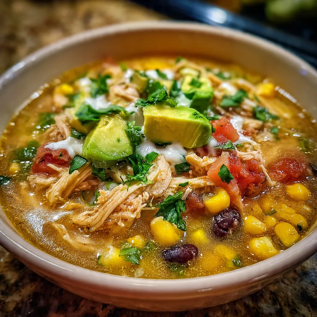 Close-up of a bowl of soup topped with avocado, cheese, cilantro, and tortilla chips