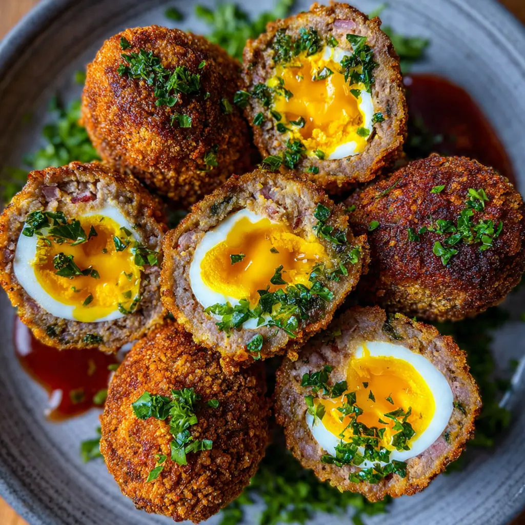 Ingredients for classic Scotch eggs including pork sausage, eggs, fresh herbs, and panko breadcrumbs on a countertop