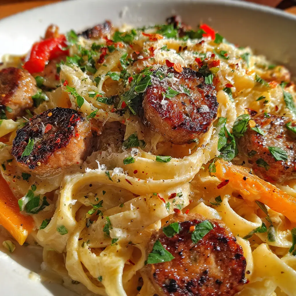 A close-up shot of a fork lifting cheesy pasta with a piece of spicy sausage.