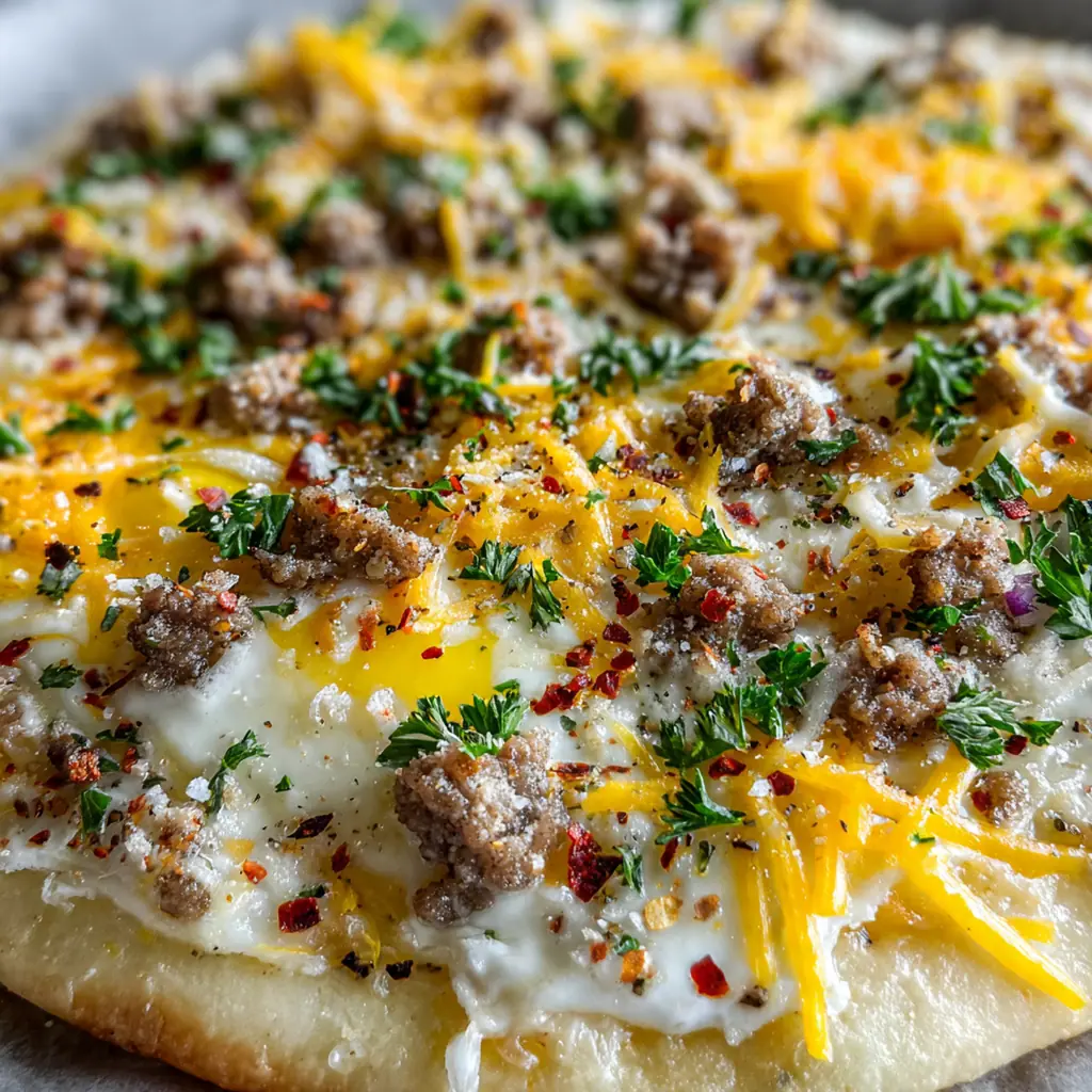 Close-up of a slice being lifted, showing layers of creamy sausage gravy, cheese, and a soft egg yolk