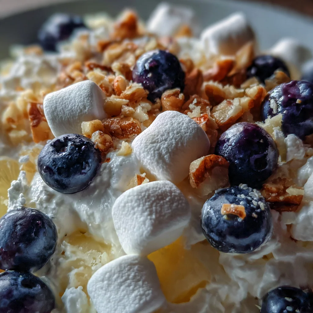 All ingredients for blueberry fluff salad laid out on a rustic kitchen countertop