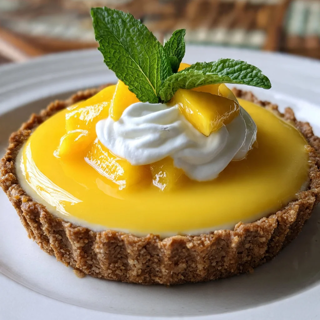 Close-up slice revealing the smooth mango filling and buttery tart shell layers